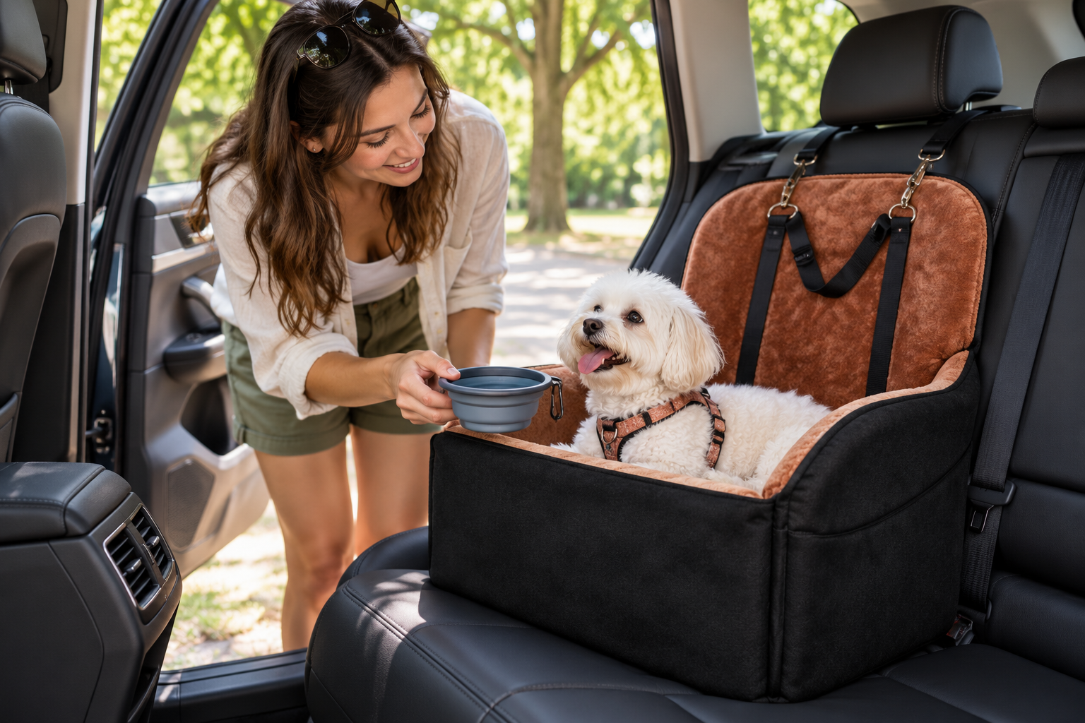 Supervised dog taking a water break beside a shaded parked car