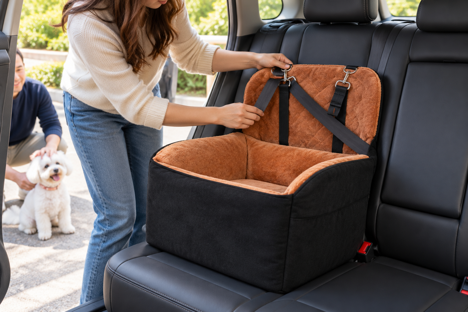Owner preparing a pet car seat on a parked vehicle rear bench