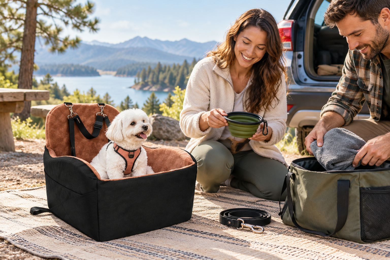 Family road trip rest stop with a familiar black and tan pet bed