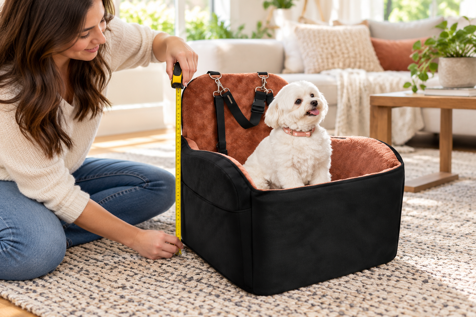 Owner measuring beside a black and tan pet car seat with a small dog