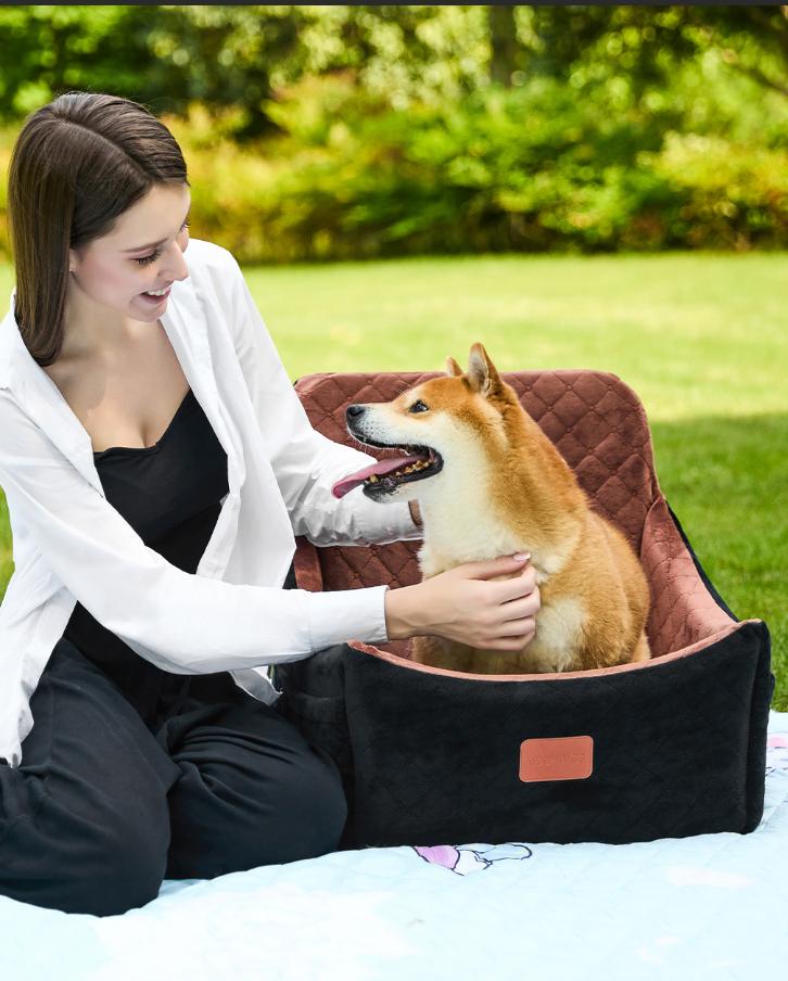 Woman with dog and pet travel bed outdoors