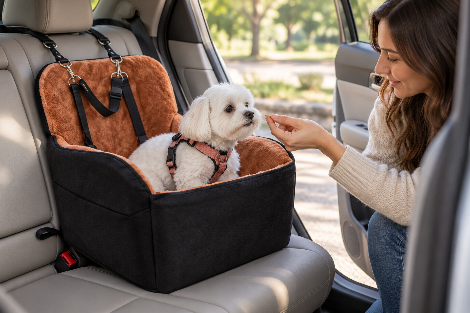 Owner introducing a dog to a travel bed in a parked car