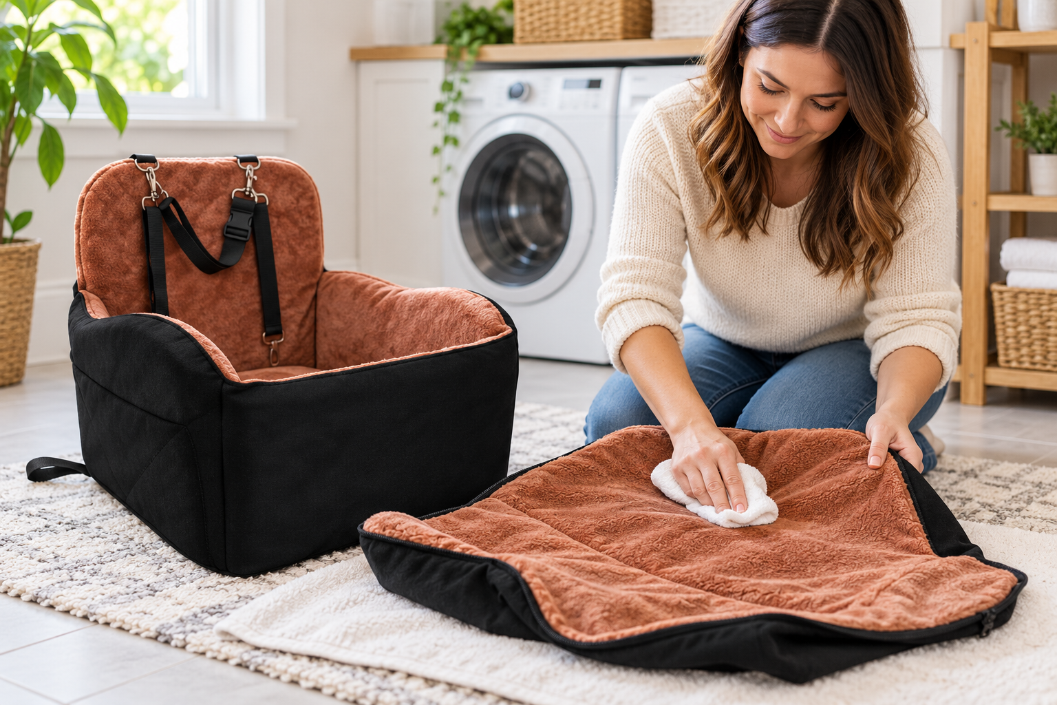 Removable pet car seat cover being cleaned beside its foam inserts